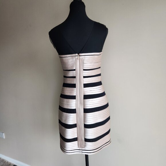 BCBGMaxAzria Brenda Stretch Satin Bandage Bodycon Dress Gold Black Mesh size 10 - Picture 5 of 5